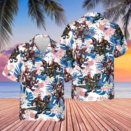 Funny Bigfoot 4th Of July Hawaiian Shirt, Independence Day Sasquatch Button Up Shirt, Retro Patriotic US Flag, Tropical Red White Blue Shirt