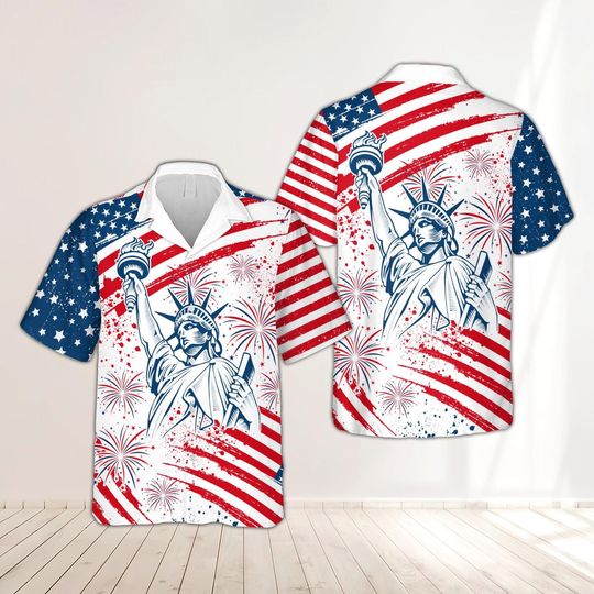 Retro 4th Of July Hawaiian Shirt, Independence Day Statue Of Liberty US Flag Button Up Shirt, Patriotic Freedom Red White Blue Shirt