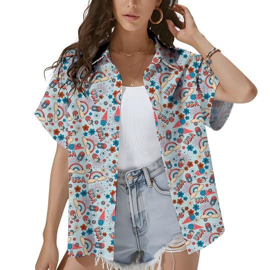 Women's Patriotic Hawaiian Shirt, 4th of July Ice Cream Shirt, Cute Popsicle Independence Day Shirt, Blue Aloha Beach Shirt Button Down