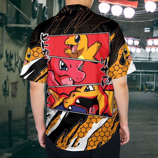 Charmander Hawaiian Shirt - Funny Button Up Summer Shirt - Comic Style Beach Set - Tropical Vacation Shirt Gift