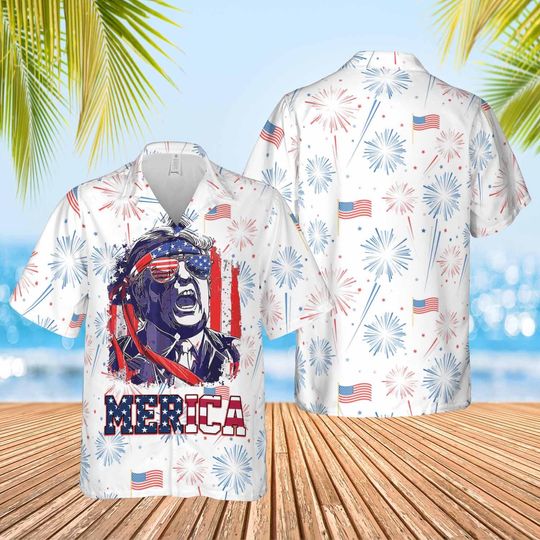 President Trump 4th of July Hawaiian Shirt, Patriotic Button Up for Independence Day, Funny Election Hawaiian Shirt, Cool USA Summer Outfit