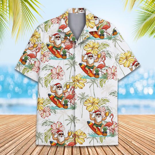 Surfing Santa Hawaiian Shirt for Men Women Youth, Christmas In July Santa Enjoy Time Shirt, Funny  Holiday Aloha Shirt, Tropical Xmas Shirt