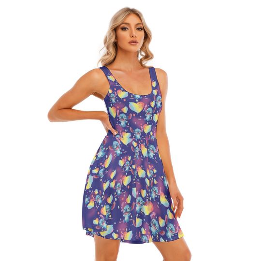 Stitch rainbow inspired cute print skater dress