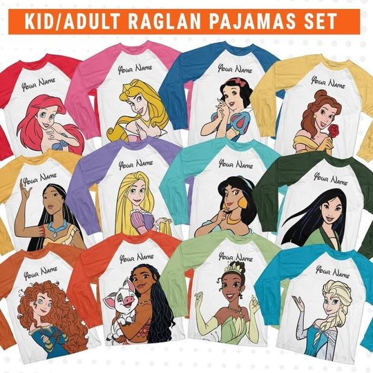 Personalized Disney Princess Family Raglan Pajamas, Custom Name Matching Christmas Shirts, Mickey Sleepwear, Holiday Family Gift Outfits