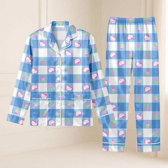 Hello Kitty Cat Satin Pajamas, Cute Girls Party Long Pjs Set, Disney Kitty Girls Silk Pajamas For Kids, Cute Kawaii Kitty Sleepwear