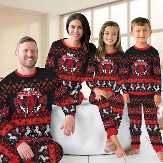 Christmas Deadpool Family Pajamas, Merry Chimichanga Pjs, Funny Superhero Holiday Pajamas, Matching Pajamas Set, Pajamas For Party