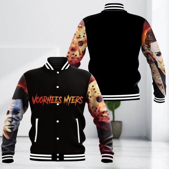 Voorhees Myers Varsity Jacket, Halloween Horror Baseball Jacket, Jason and Michael Myers Costume Outerwear, Halloween Gift For Man