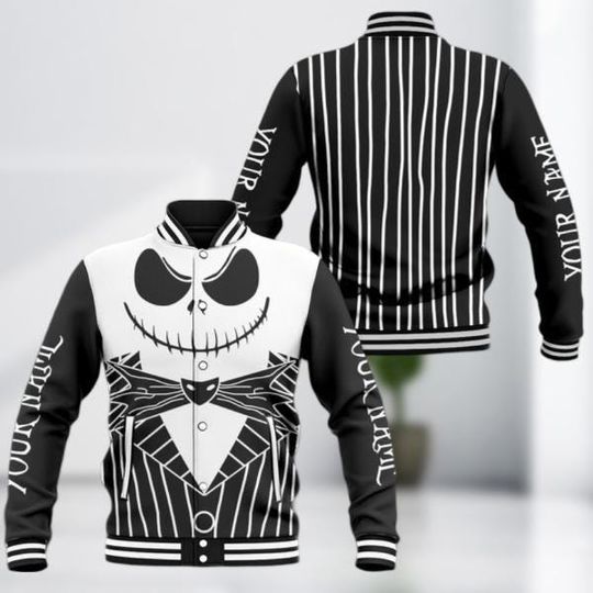 Halloween Jack Skellington Baseball Jacket, Halloween Striped Costume Jacket, Nightmare Before Christmas Jacket, Skellington Men