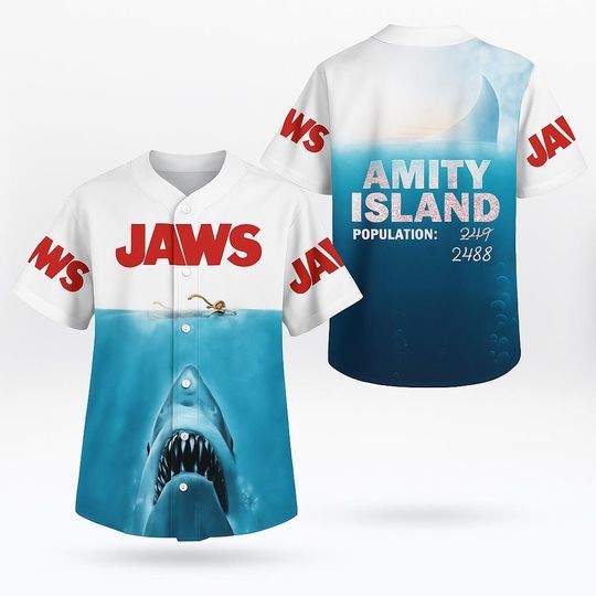 Jaws Shark Attack 3D Baseball Jersey  Amity Island Movie Shirt for Horror Fans