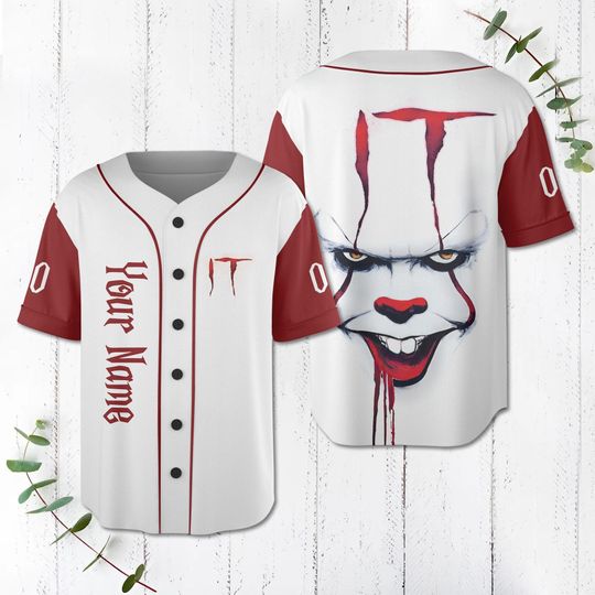 Customized Horror Pennywise Baseball Jersey, Horror Characters Baseball Jersey, Halloween Jersey Shirt, Horror Shirt, Baseball Shirt