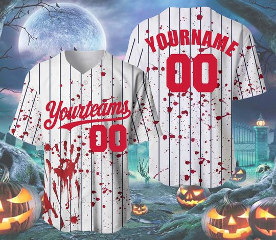 Personalized Halloween Horror Baseball Jersey, Custom Scary Cosplay Shirt, Spooky Slasher Jersey Top, Creepy Fan Gift, Halloween Shirt