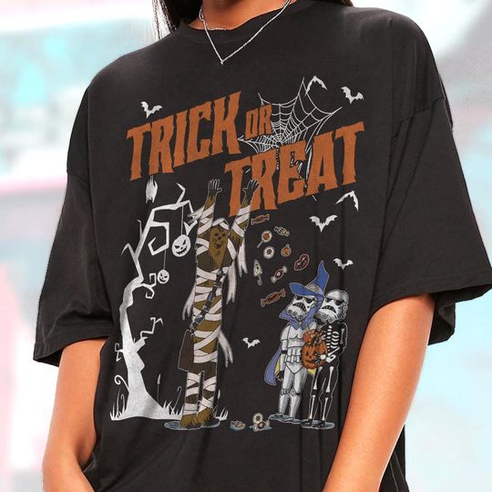 Vintage Chewbacca And Stormtrooper Candy Trick Or Treat Halloween T-shirt, Cute Star Wars Pumpkin Tee, Halloween Family Matching Outfit