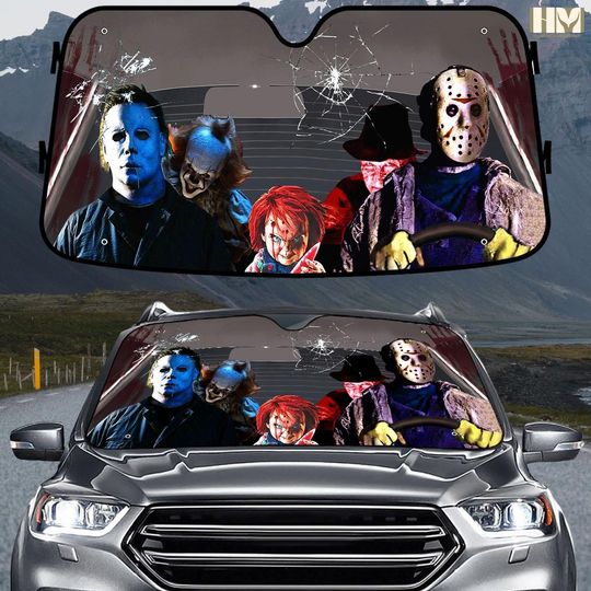 Horror Character Car Sunshade, Halloween Slasher Car Decor, Spooky Season Scary Car Cover, Scary Movie Killer Windshield Cover