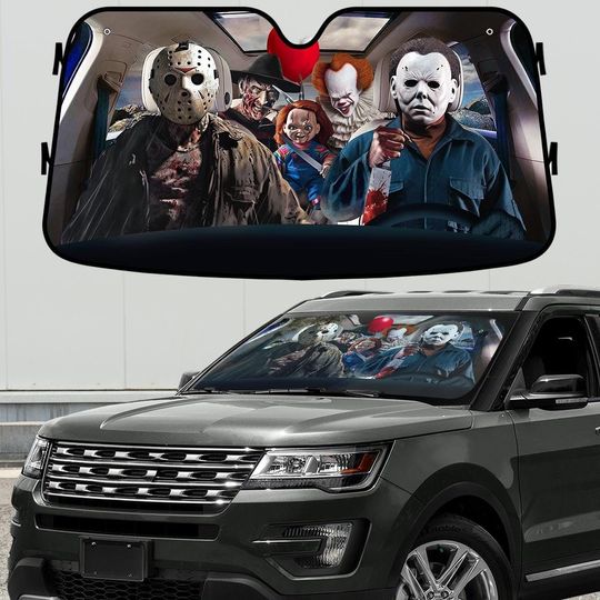 Horror Character Car Sunshade, Scary Movie Killer Windshield Cover, Halloween Slasher Auto Decor, Spooky Season Scary Car Cover