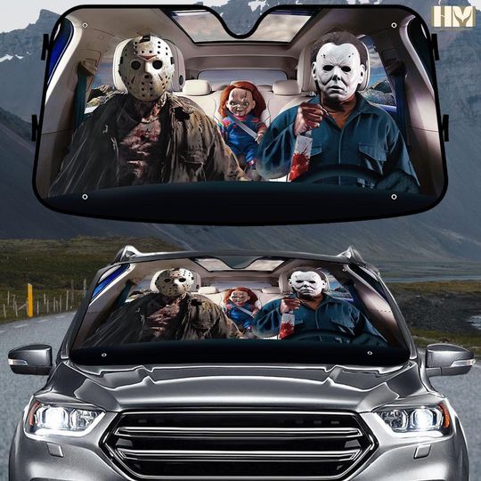 Horror Character Car Sunshade, Michael Jason Chucky Windshield Cover, Scary Movie Car Decor, Halloween Slasher Fan Car Cover