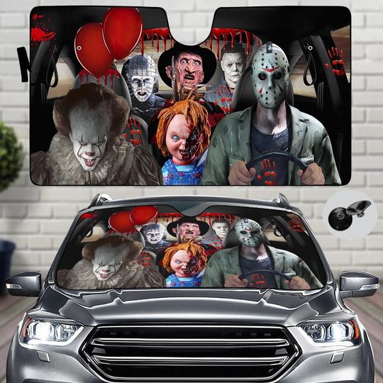 Halloween Horror Car Sunshade, Halloween Auto Sunshade, Horror Characters Car Windshield, Sun Shade For Car, Horror Lover Decor
