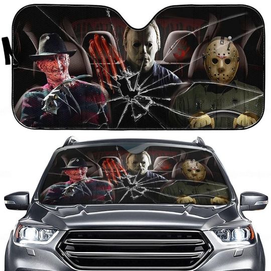 Horror Character Car Sun Shade, Freddy Jason Michael Windshield Cover, Scary Movie Slasher UV Blocker, Halloween Car Accessory