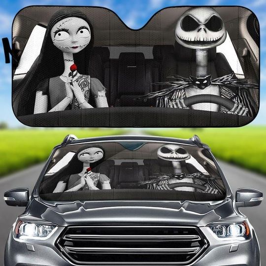Jack and Sally Car Sunshade, Nightmare Before Christmas Auto Shade, Halloween Car Decor, Spooky Front Windshield Sun Protector