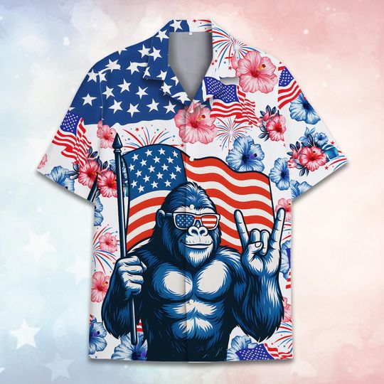 Bigfoot American Flag Hawaiian Shirt For Men Women Youth, Funny Bigfoot Patriotic Button-Down, 4th of July Shirt Short Sleeve