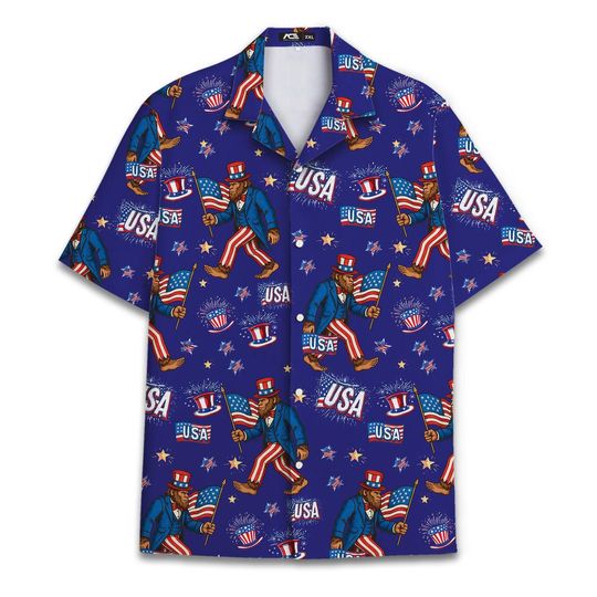 Sasquatch Bigfoot Independence Day Vintage Hawaiian Shirt For Men USA Flag Pattern Short Sleeve Button Down Shirt Men Hawaiian Shirts