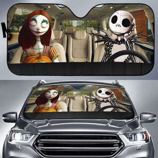 Jack and Sally Car Sun Shade, Nightmare Before Christmas Windshield Cover, Gothic Love UV Sunshade, Tim Burton Fan Gift