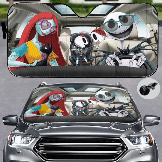 Jack Sally Family Car Sunshade, Cute Cartoon Nightmare Before Christmas Windshield Cover, Cartoon Auto Sun Shade, Sun Visor Car