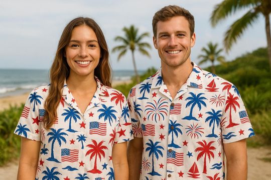 4th of July Hawaiian Shirt, Independence Day Hawaiian Celebration T-Shirt, American Flag Palm Tree Shirt, Usa Patriotic Firework Beach Shirt
