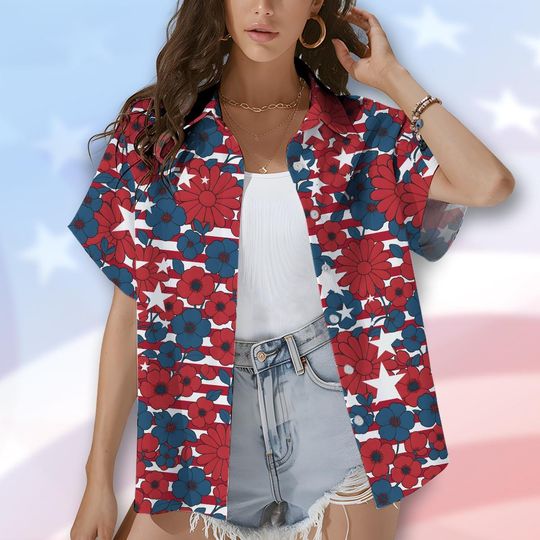 Patriotic Floral Hawaiian Shirt for Women, 4th of July Aloha Shirt, USA Flag Hibiscus Short Sleeve Button Down, Independence Day Shirt
