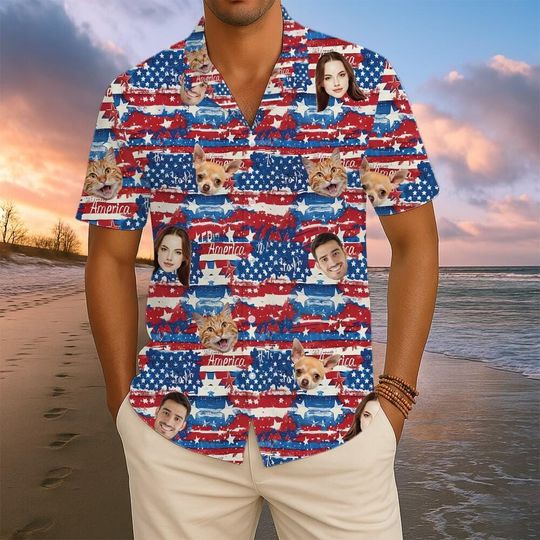Custom 4th Of July Patriotic Hawaiian Shirt, Personalized Hawaiian Shirt With Face, Independence Day Hawaiian Shirt, Red White Blue USA Flag
