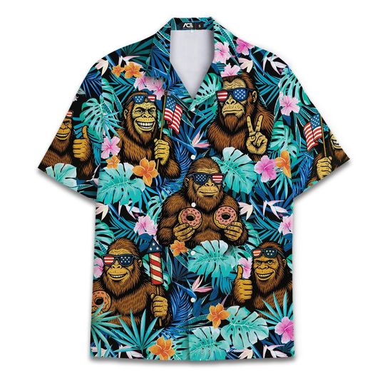 Tropical Bigfoot Funny Independence Day Hawaiian Shirt For Men Sasquatch USA Flag Button Down Shirt Men Tropical Hawaiian Shirts