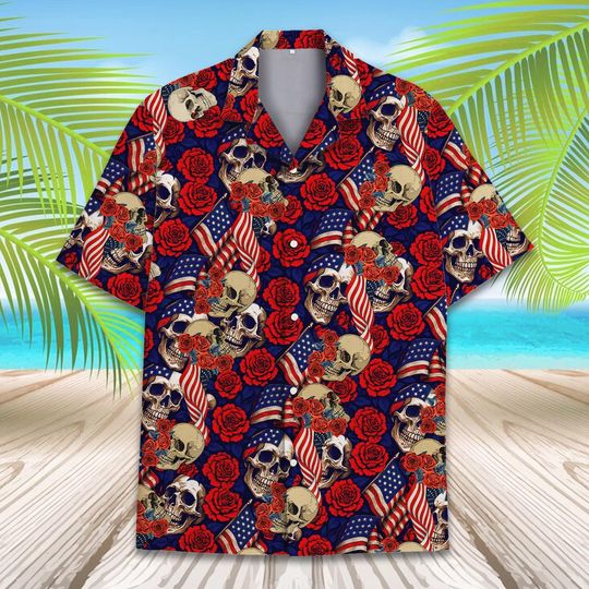 Patriotic Skull & Roses Hawaiian Shirt for Men Women Youth, 4th of July Aloha Shirt, Short Sleeve Button Down, Independence Day Shirt