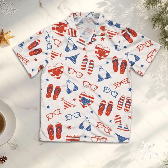 American Independence Day Hawaiian Shirt, Patriotic Summer Aloha Shirt, Lightweight Short-Sleeve Button-Up, Trendy 4th of July Gift,US Gifts