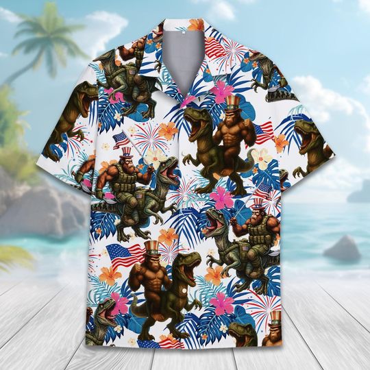 Patriotic Bigfoot Riding Dinosaur Hawaiian Shirt Men Women Youth, Funny 4th of July Shirt Button Up, Independence Day Outfits