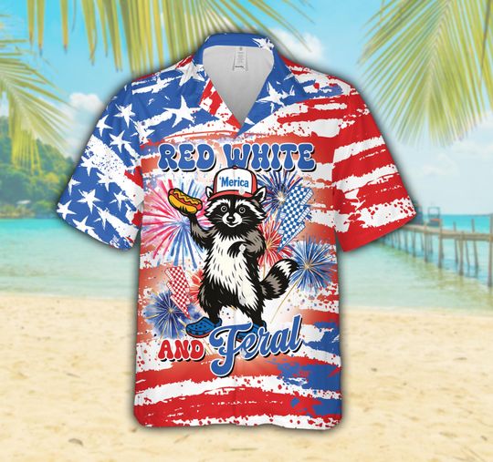 Red White And Feral Hawaiian Shirt, Merica Raccoon With Hotdog 4th Of July Button Up Shirt, Stars Stripes Fireworks Independence Day Shirt