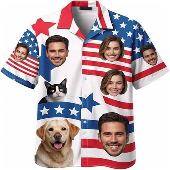 Custom Face Patriotic Short Sleeve Hawaiian Shirt, Personalized Photo Independence Day Hawaiian Shirt, Shirt For Men, Gift For Pet Lovers