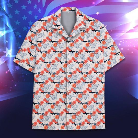 America 4th of July Hawaiian Shirt for Men, Patriotic USA Flag & Guns Shirt Button Down, Independence Day Celebration Shirt