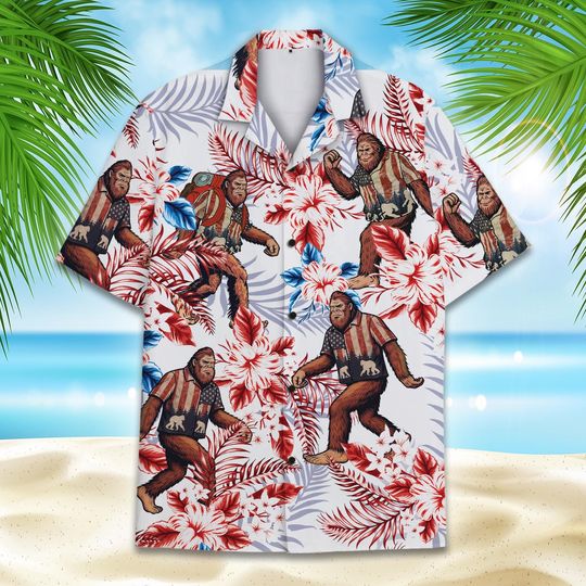 Bigfoot American Flag Hawaiian Shirt For Men Women Youth, Floral Bigfoot Patriotic Button-Down, 4th of July Shirt Short Sleeve
