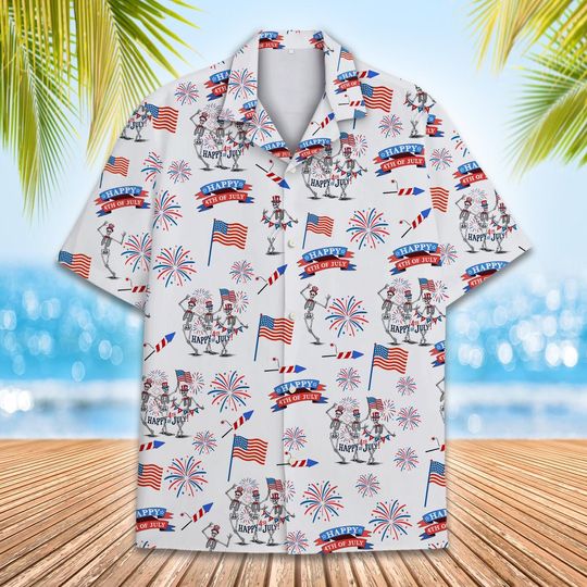 Patriotic Skeleton Hawaiian Shirt Men Women Youth, Happy 4th of July Button Down Shirt Short Sleeve with American Flag & Fireworks