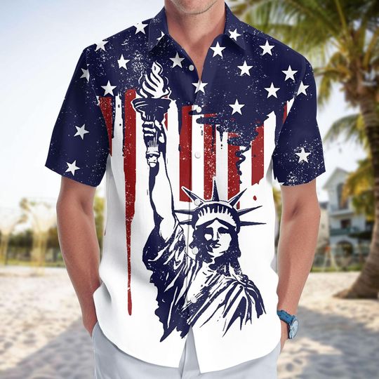 Statue of Liberty Patriotic Button Shirt, 4th of July American Flag T-Shirt, USA Freedom Summer Short Sleeve Shirt, Independence Day Gi