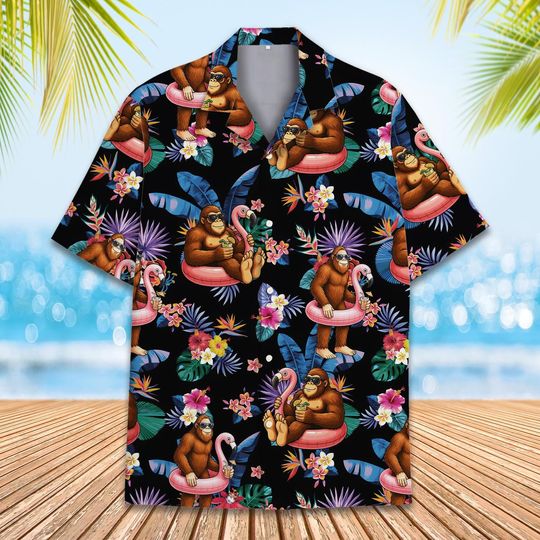 Tropical Bigfoot Flamingo Hawaiian Shirt Men Women Youth, Bigfoot Sasquatch Shirt, Aloha Short Sleeve Button Down Shirt, Flamingo Shirt