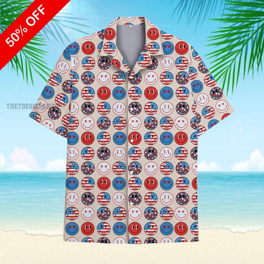 Patriotic Smiley Face Hawaiian Shirt for Men Women Youth, US Flag Summer Aloha Shirt, Independence Day, Patriotic Gifts, 4th of July Shirt