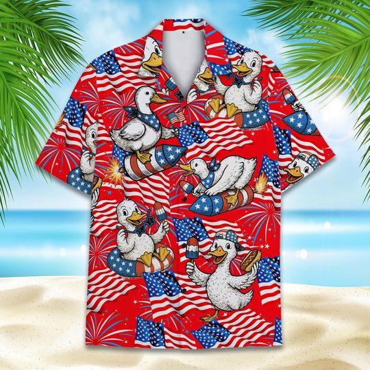 Patriotic Silly Goose Hawaiian Shirt for Men Women Youth, 4th of July Shirt Button Up Short Sleeve, Independence Day Shirt