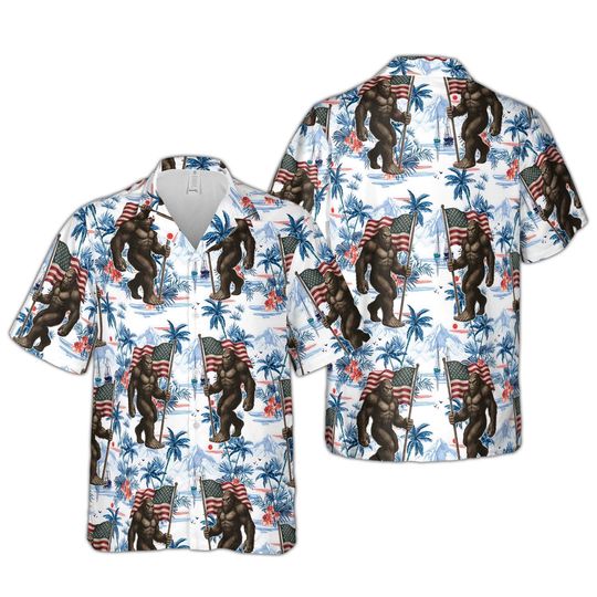 Retro Bigfoot 4th Of July Hawaiian Shirt, Funny Tropical US Flag Button Up Shirt, Patriotic Sasquatch Freedom Red White Blue Shirt