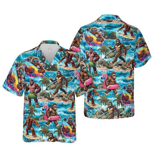 Tropical Bigfoot Surfing Hawaiian Shirt For Men Women, Beach Vibes Flamingo Sasquatch Button Up Shirt, Summer Aloha Shirt For Bigfoot Lover