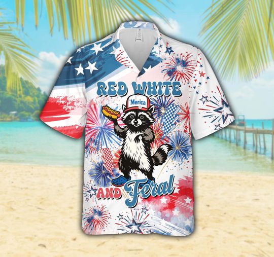 Red White And Feral Hawaiian Shirt, Merica Raccoon With Hotdog 4th Of July Button Up Shirt, Stars Stripes Fireworks Independence Day Shirt
