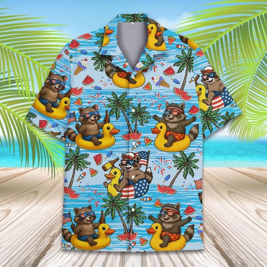 Patriotic Raccoon Hawaiian Shirt Men Women Youth, Funny 4th of July Duck Float Beach Shirt, Summer Aloha BBQ Party Shirt Button Down