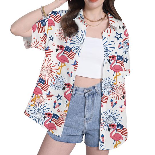 Flamingo Independence Day Pattern Hawaiian Shirt For Women Flamingo USA Flag Pattern Short Sleeve Button Down Shirt Womens Hawaiian Shirts