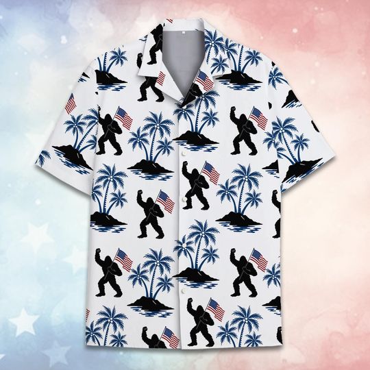 Bigfoot American Flag Hawaiian Shirt For Men Women Youth, Funny Bigfoot Patriotic Button-Down, 4th of July Shirt Short Sleeve
