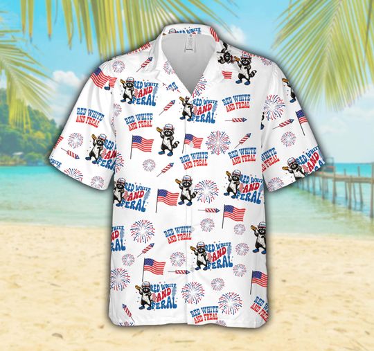 Red White And Feral Patriotic Hawaiian Shirt, American Flag And Fireworks Raccoon Button Up Shirt, 4th Of July Aloha Shirt For Men & Women