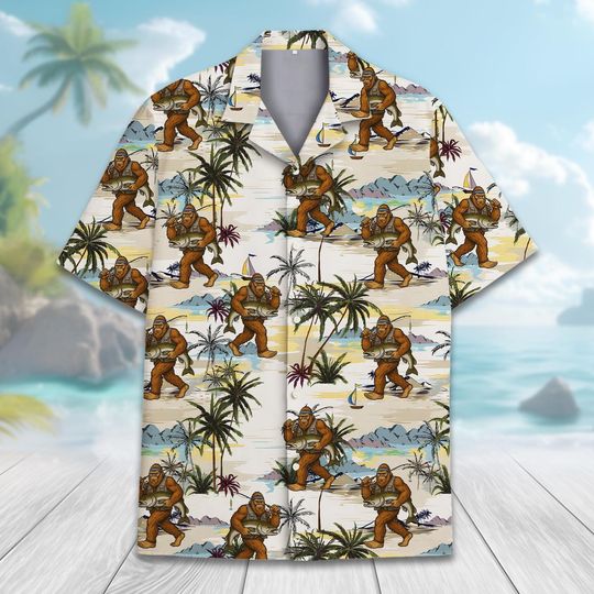 Bigfoot Fishing Hawaiian Shirt Men Women Youth, Sasquatch Vacation Shirt, Tropical Fisherman Summer Aloha Shirt Button Down Short Sleeve